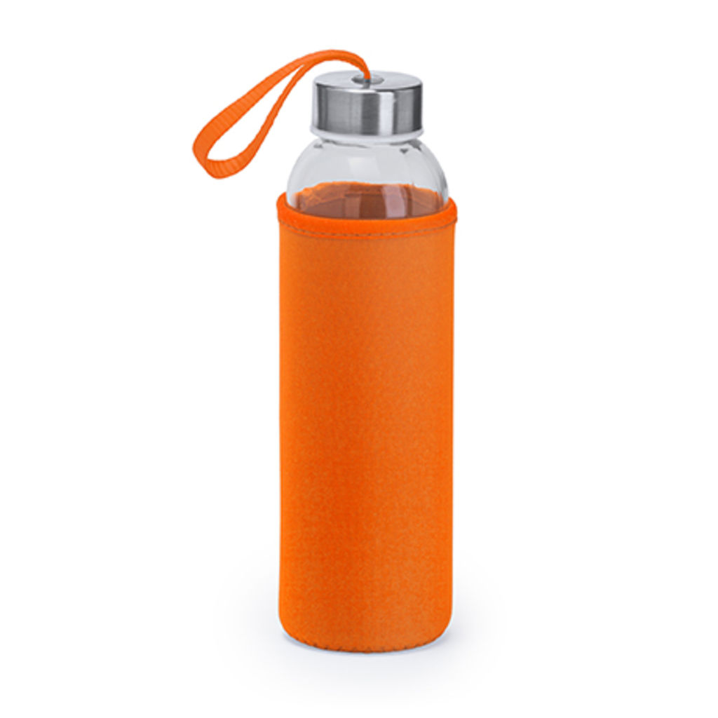 Скляна пляшка ємністю 500 мл з відповідного кольору чохлом і ремінцем для перенесення, колір апельсиновий